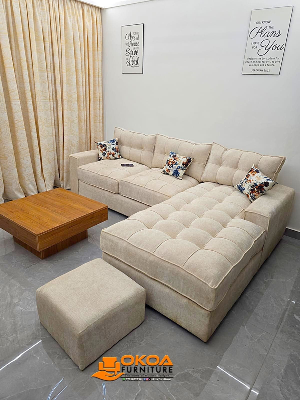 Cream Tufted L-Shape Sofa (with USB Port) — image 1