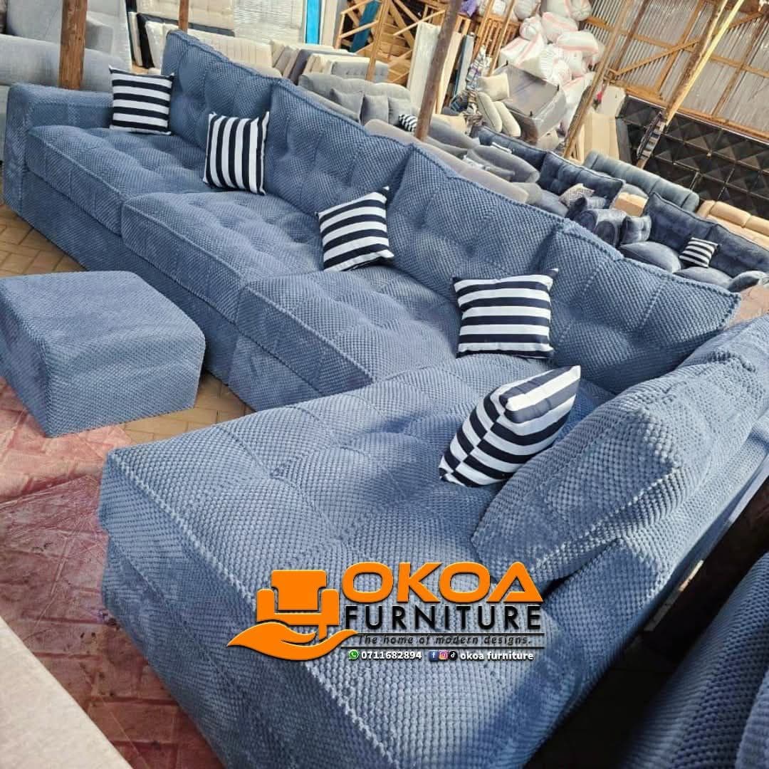 Dusty Blue Tufted L-Shape Sofa
